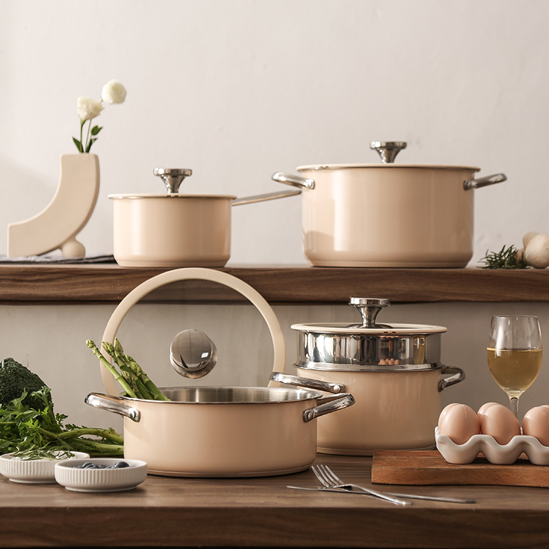 Customizable Korean Style 1-16pcs SUS304 Kitchen Cook Double Bottom cookware sets with Glass Lid Stainless Steel Cooking Pot Set