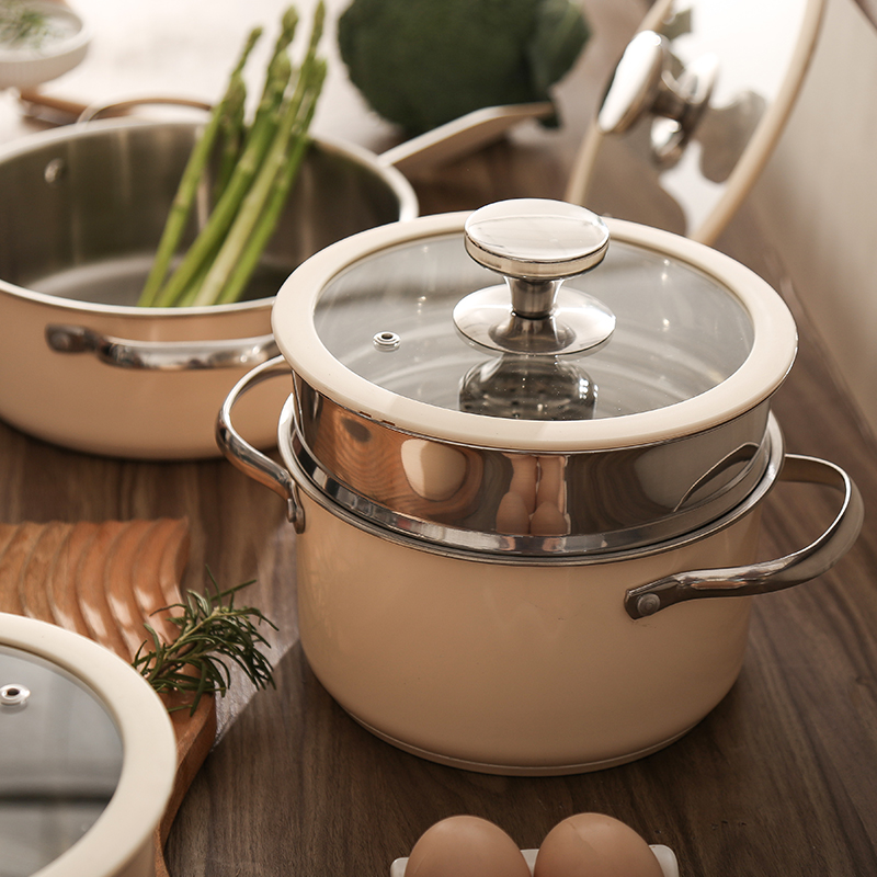 Customizable Korean Style 1-16pcs SUS304 Kitchen Cook Double Bottom cookware sets with Glass Lid Stainless Steel Cooking Pot Set