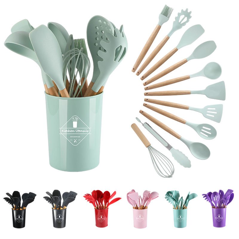 High Quality Spatula Stirring Set 12 Pcs Silicone Kitchen Cookware Set With Wooden Handle Heavy