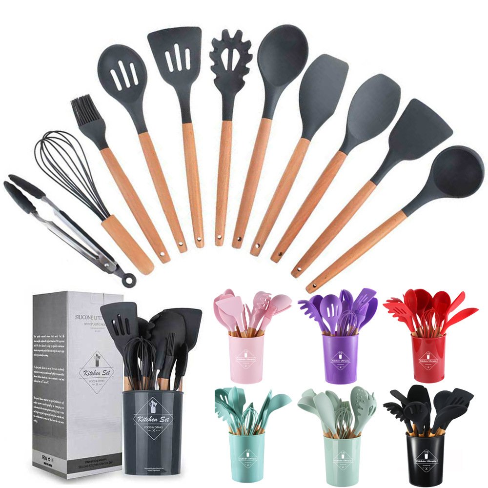 High Quality Spatula Stirring Set 12 Pcs Silicone Kitchen Cookware Set With Wooden Handle Heavy