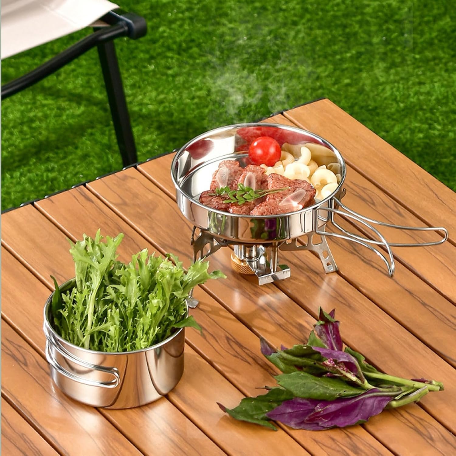 Cooking Equipment Metal Grilling Saucepan Frying Pan with Lid Camping Pot Stainless Steel Camping Cookware Mess Kit Set
