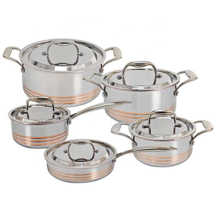 Luxury 10pcs five layer stainless steel copper core cooking pot cookware set for kitchen restaurant hotel