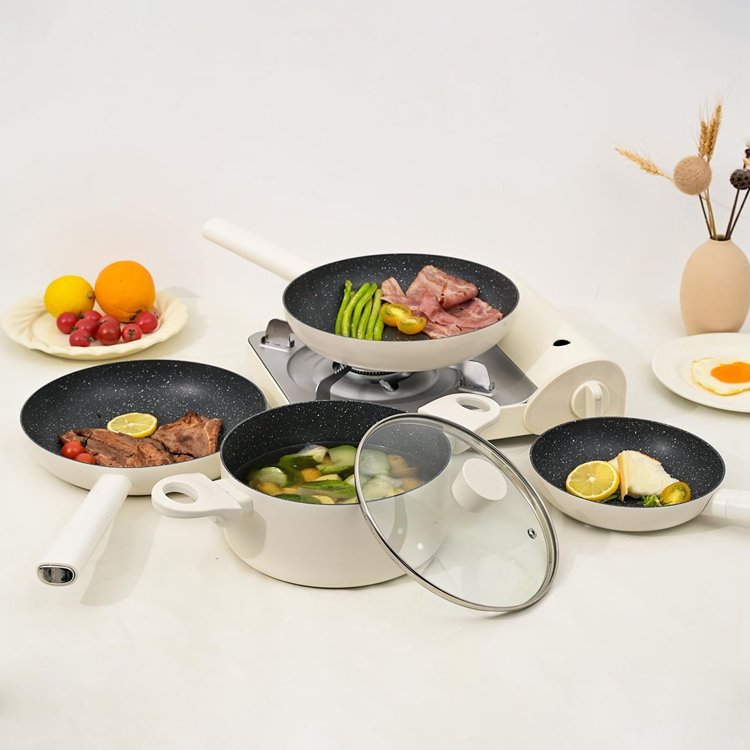 JEETEE Wholesale 13 Pieces Beige Induction Frying Pots Non Stick Cooking Pans Granite Cookware Set Soup Pot Set With Lid