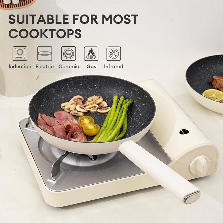 JEETEE Wholesale 13 Pieces Beige Induction Frying Pots Non Stick Cooking Pans Granite Cookware Set Soup Pot Set With Lid