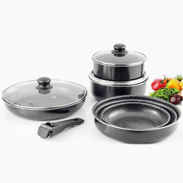High Quality Aluminium Cookware Set Detachable saucepot sets marble coating baby food pans nonstick coating remove handle combo