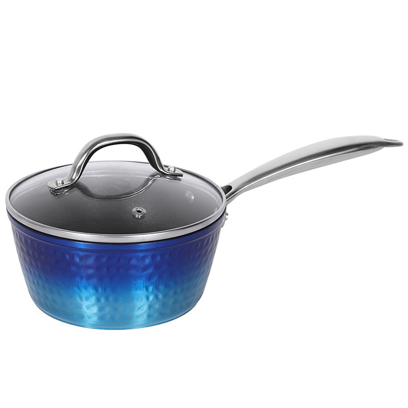 Hot sale 9pcs Hammer design nonstick cookware set gradient blue forged cookingware set kitchen supplies pots and pans