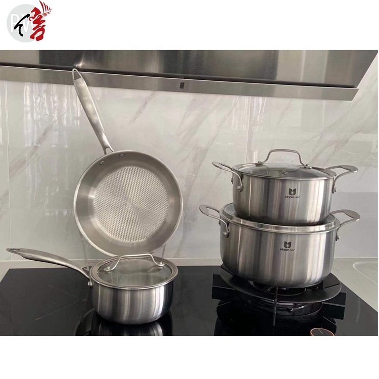 Wholesale High Quality 7 pcs Nonstick Kitchen Pots And Pans Tri-ply Stainless Steel Cookware Set