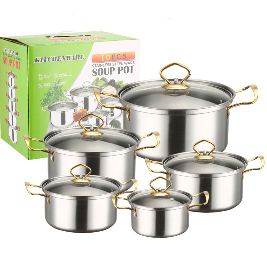 10 Piece Wholesale Kitchen Ware Stock Pot gold handle Stainless Steel Cooking soup Pot Cookware Set