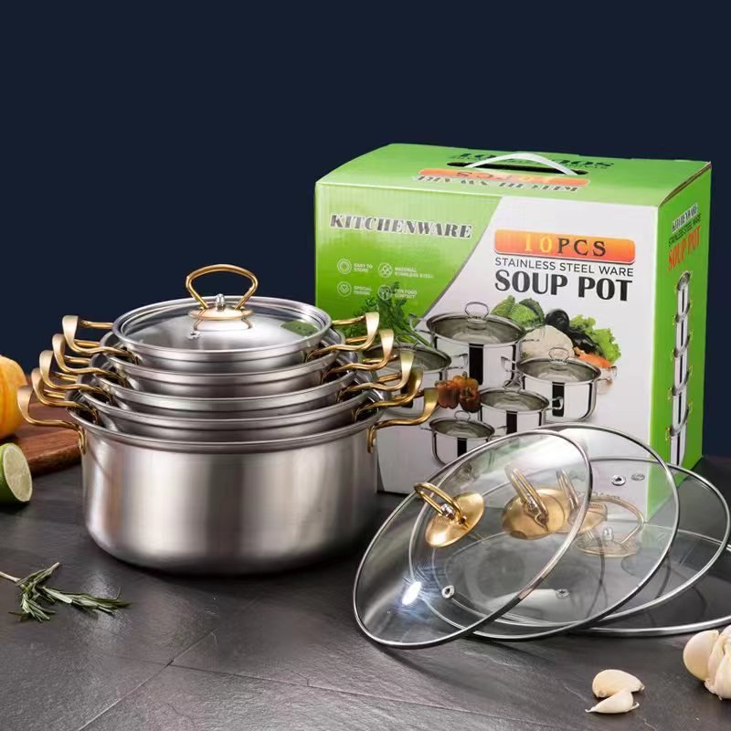 10 Piece Wholesale Kitchen Ware Stock Pot gold handle Stainless Steel Cooking soup Pot Cookware Set