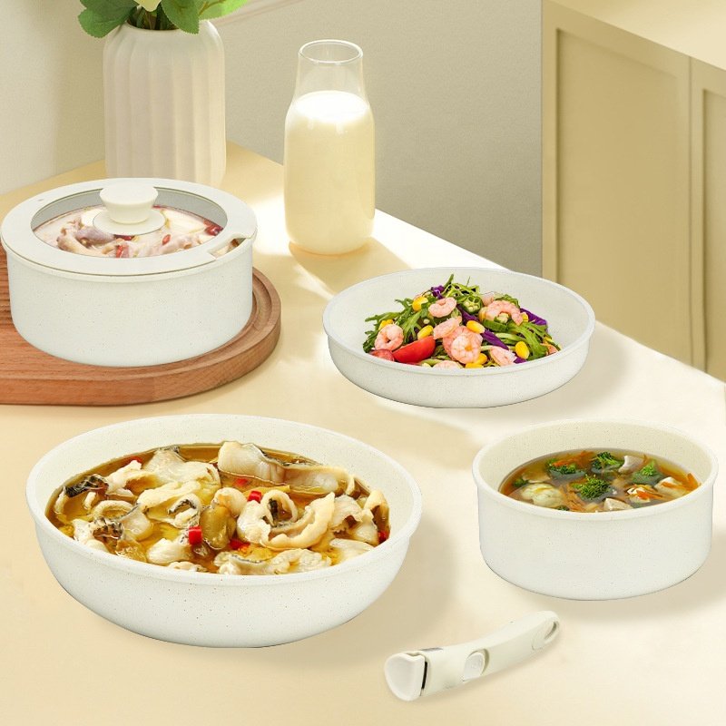 New Product 11Pcs White Medical Stone Cookware Set Non Stick Pots And Pans With Detachable Handle
