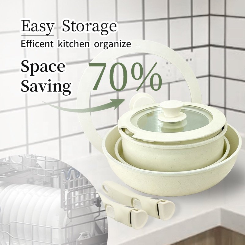 New Product 11Pcs White Medical Stone Cookware Set Non Stick Pots And Pans With Detachable Handle