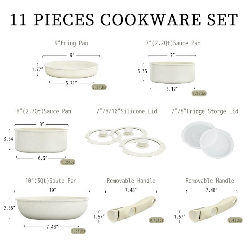New Product 11Pcs White Medical Stone Cookware Set Non Stick Pots And Pans With Detachable Handle
