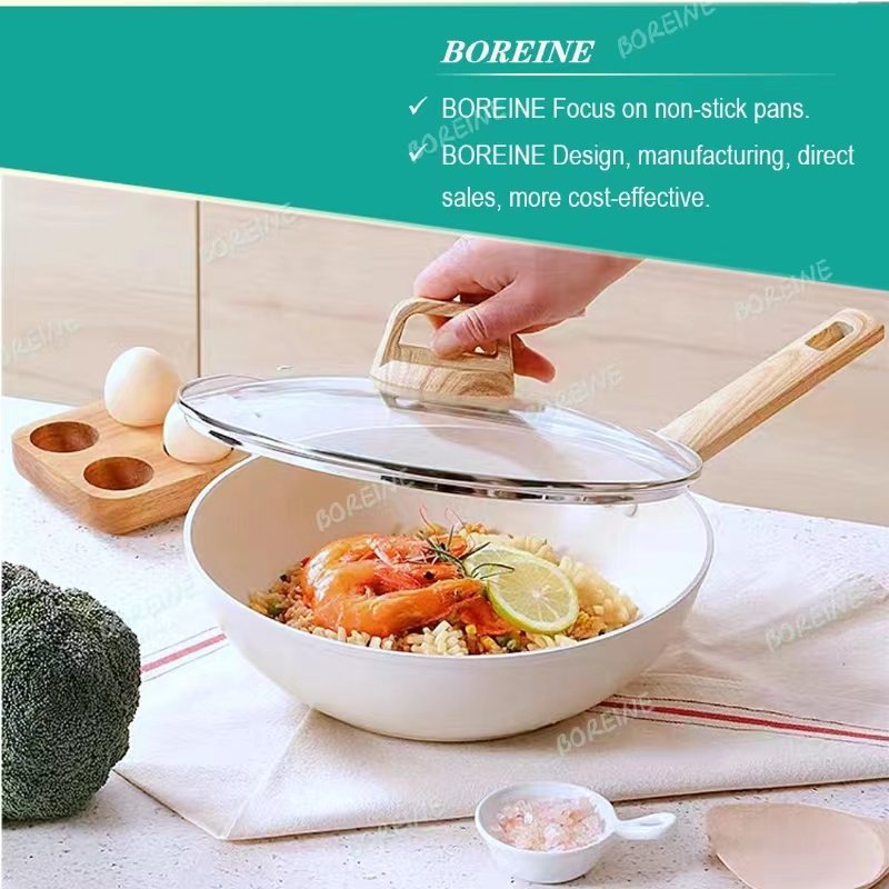 BOREINE MAIFAN non stick Deep fry pan and Wok ready in stock granite cookware set marble cookware sets beige color