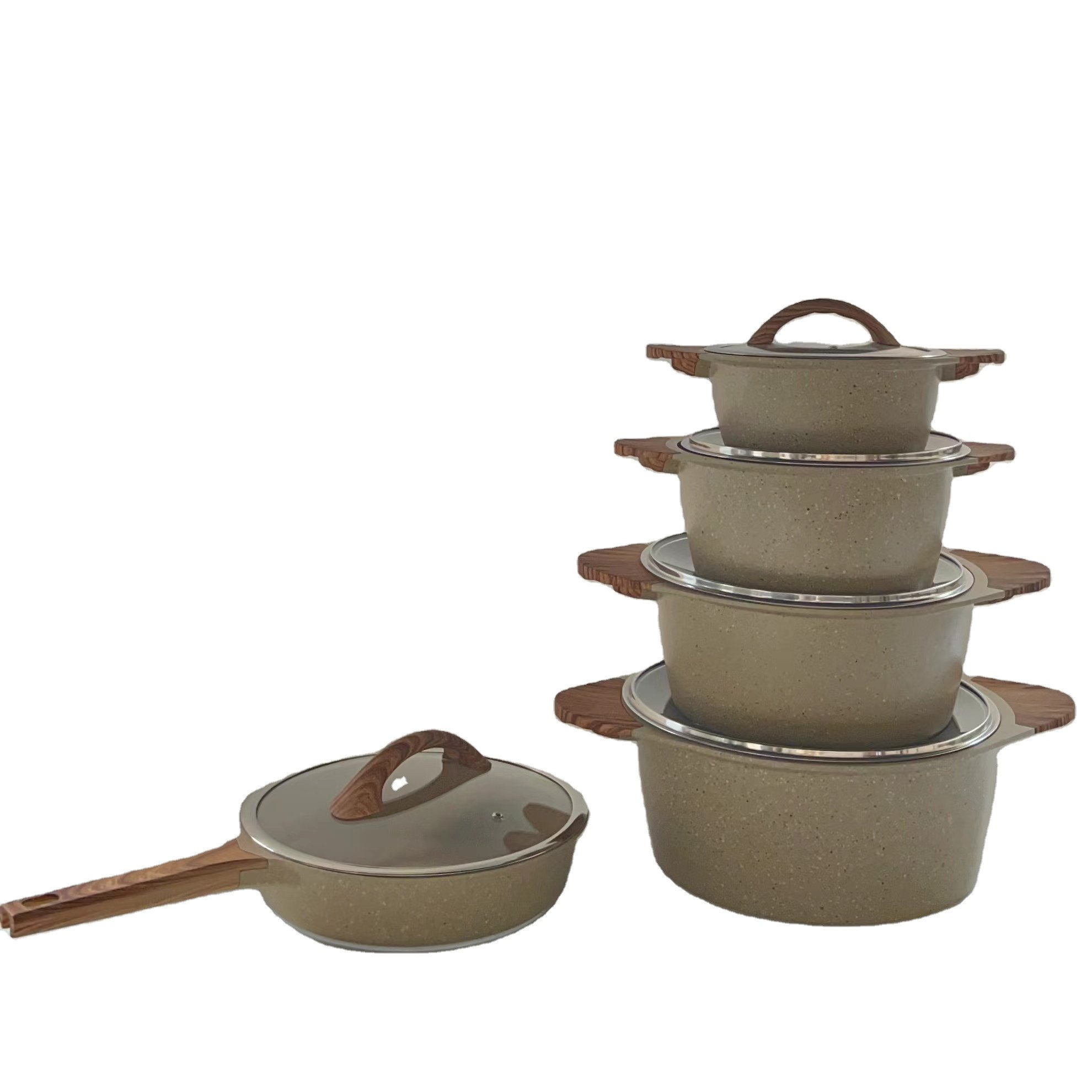 10pcs Marble Non-Stick Coating Aluminum Die Cast Cookware Set With Wooden Handle
