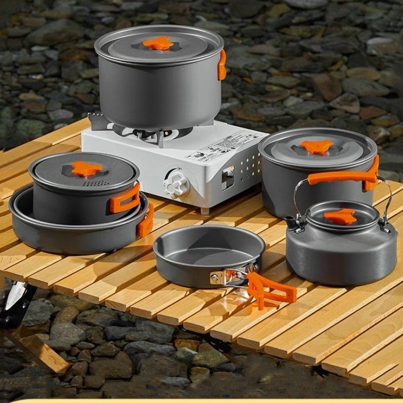 Modern Design Portable 3-4Person Camping Cookware Set Includes Pot Kettle 2 Cups Spoon Sustainable Outdoor Backpacking Trips