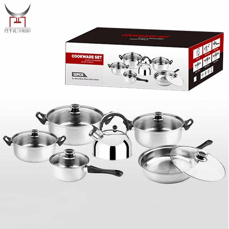 Wholesale 12 Pcs Stainless Steel Cookware Sets With Water Bottle Kitchenware Home Wood Grain Handle Cooking Pots and Pans