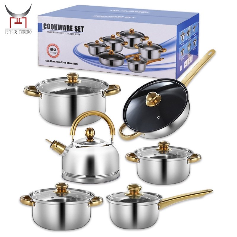 Wholesale 12 Pcs Stainless Steel Cookware Sets With Water Bottle Kitchenware Home Wood Grain Handle Cooking Pots and Pans
