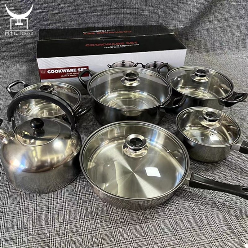 Wholesale 12 Pcs Stainless Steel Cookware Sets With Water Bottle Kitchenware Home Wood Grain Handle Cooking Pots and Pans