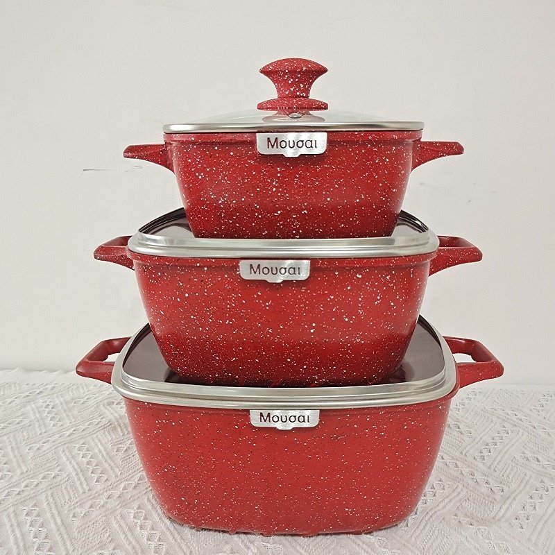 Wholesale Metal Cast Aluminum Cookware Set Red Square Cooking Pot Set Kitchen Accessories