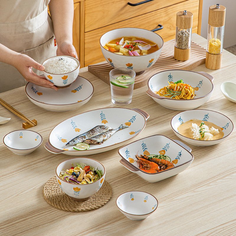 Japanese Style Wholesale Tableware Porcelain Plates Bowl Saucer Spoon Baking Dish Ceramic Cookware Sets For Household