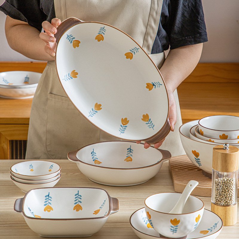 Japanese Style Wholesale Tableware Porcelain Plates Bowl Saucer Spoon Baking Dish Ceramic Cookware Sets For Household