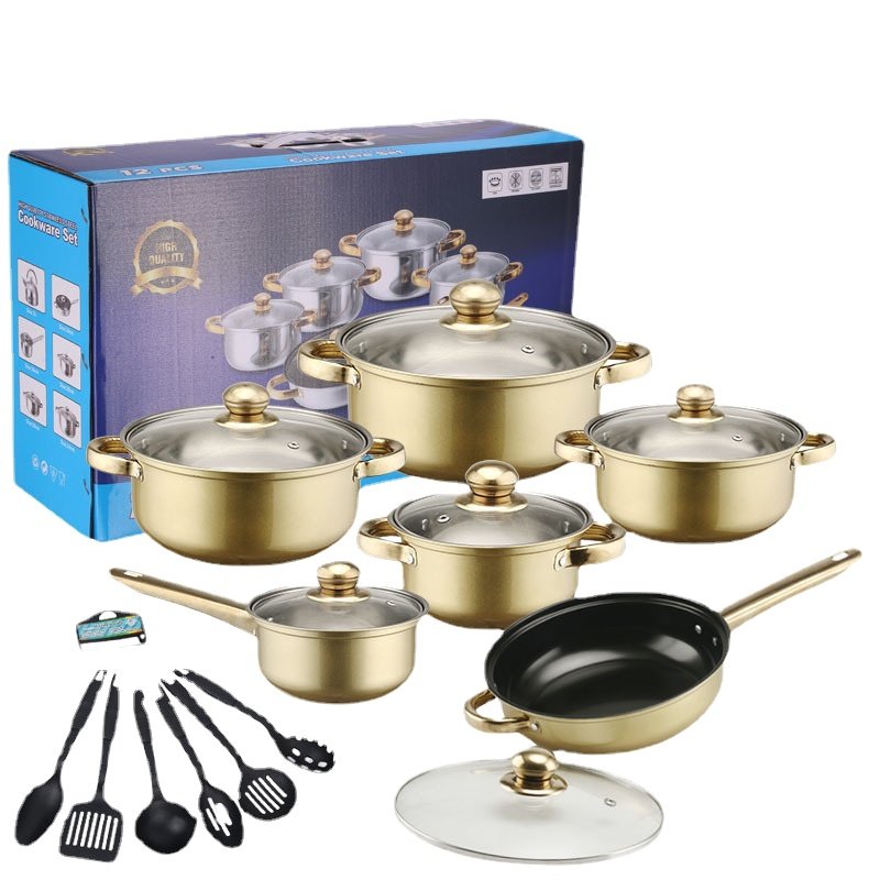 Wholesale Custom 18 pcs of Color Stainless Steel Non-Stick Pan Set with Gold Handle Stainless Steel Cookware Set Soup Pot
