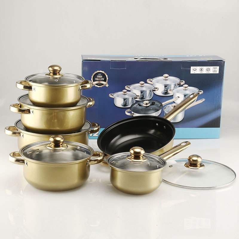 Wholesale Custom 18 pcs of Color Stainless Steel Non-Stick Pan Set with Gold Handle Stainless Steel Cookware Set Soup Pot