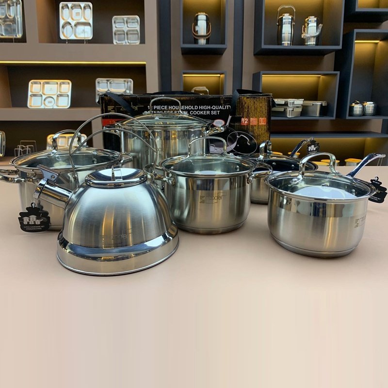Hot Sale good quality 12 pcs stainless steel Casserole glass Lids Nonstick kitchen Cookware Sets Frying Pans for home