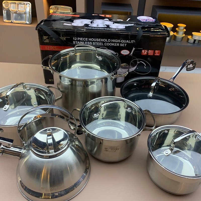 Hot Sale good quality 12 pcs stainless steel Casserole glass Lids Nonstick kitchen Cookware Sets Frying Pans for home