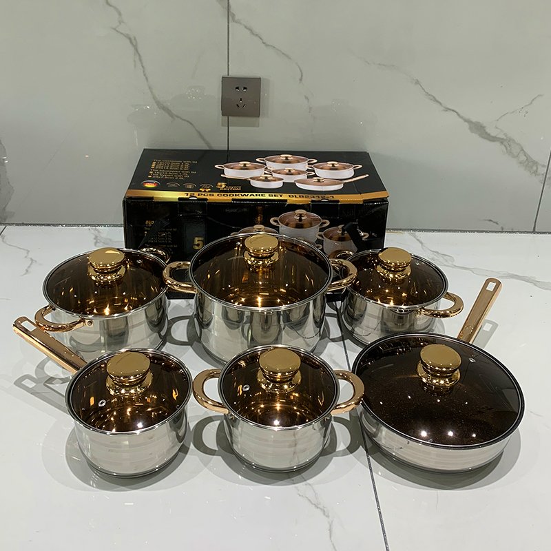 5 Layers Double Bottom Stainless Steel Glass Lid Fry Pan Cooking Pots Cookware Set