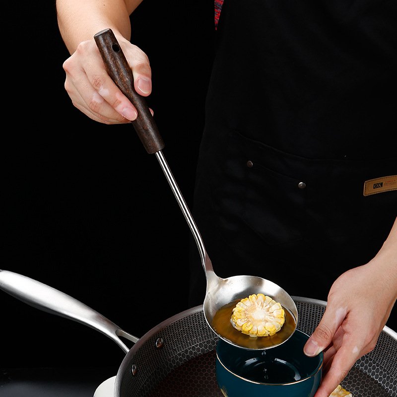 Stainless Steel Wooden Kitchen Slotted Turner Spatula Skimmer Ladle Soup Spoon Strainer Restaurant Cooking Dining Utensils Set