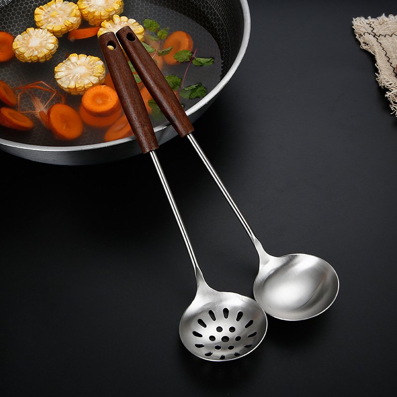 Stainless Steel Wooden Kitchen Slotted Turner Spatula Skimmer Ladle Soup Spoon Strainer Restaurant Cooking Dining Utensils Set