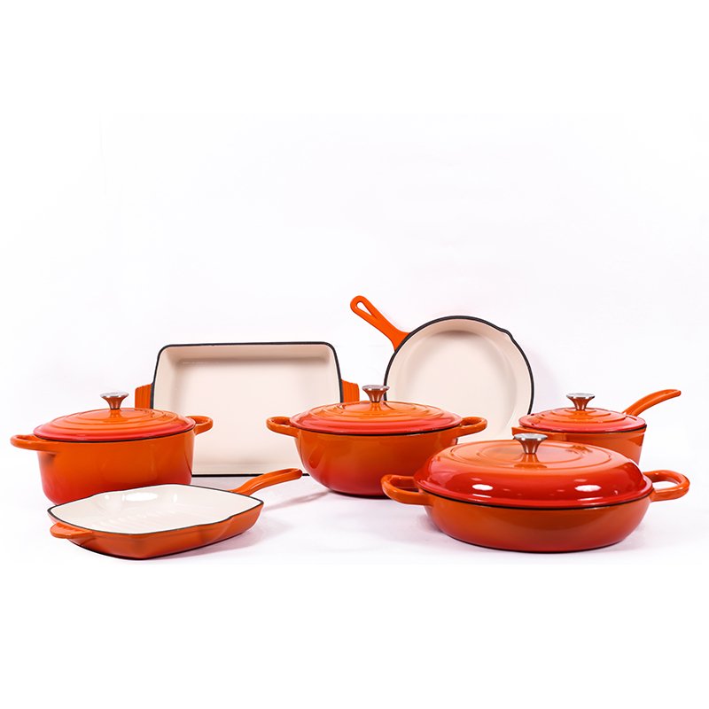 Factory Supply Customizable kitchen red enamel cast iron pans and iron pots cast cookware set