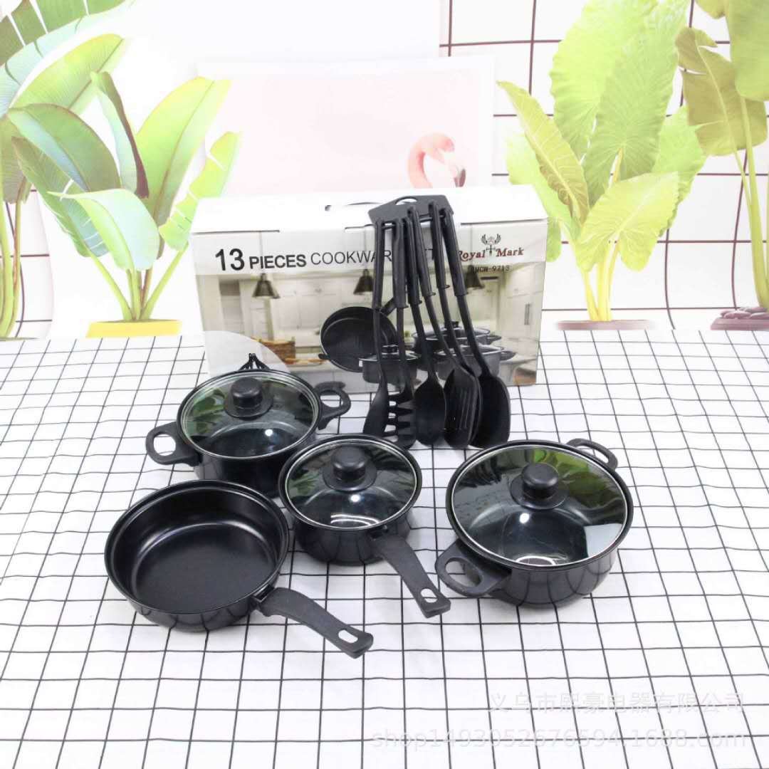 FACTORY 13 Pieces Cast Iron Cookware Kit Luxury Black Kitchen Utensils Cooking Tools Non Stick Cookware Set With Pots Pans Lids