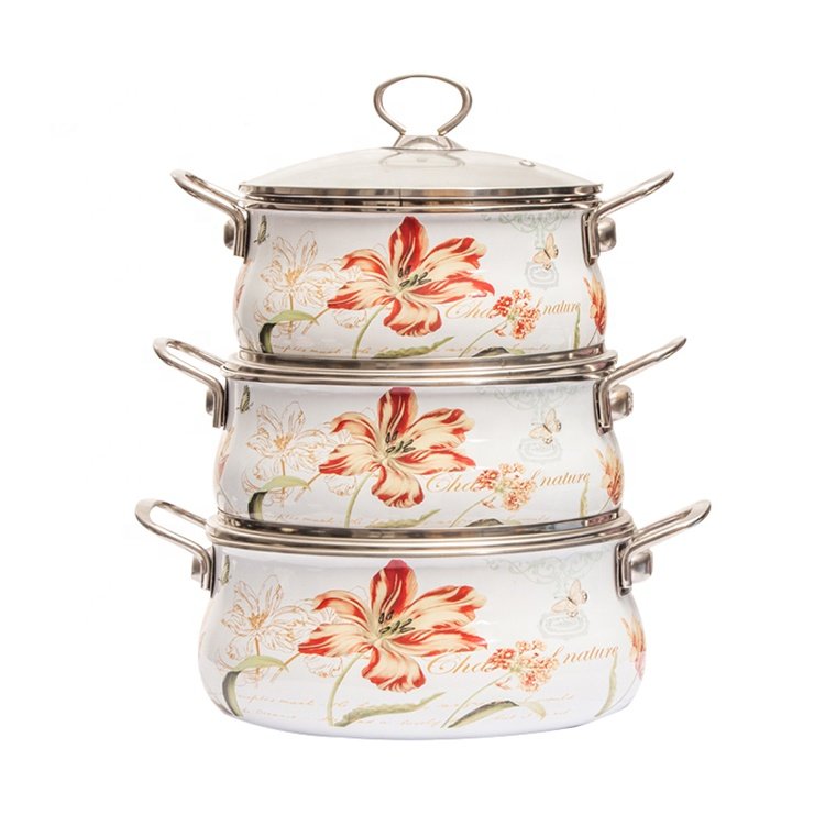 Steel Handle Camping Enamel Kichen Kitchenware Cookware Cook Pot Outdoor With Custom Decal