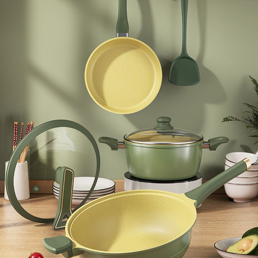 High Quality 3pcs Green Color Die Cast Aluminum Induction Cooking Fry Pan Kitchen Nonstick Pot Cookware Set