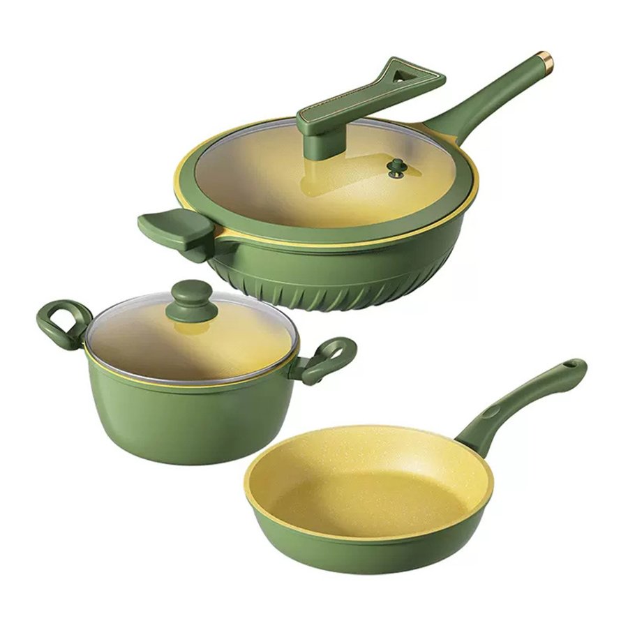 High Quality 3pcs Green Color Die Cast Aluminum Induction Cooking Fry Pan Kitchen Nonstick Pot Cookware Set