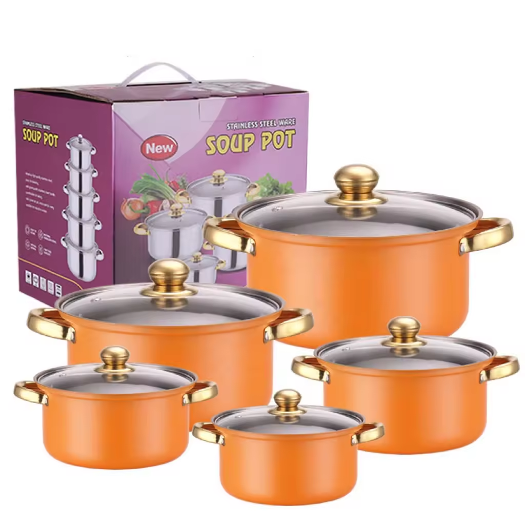 Wholesale 10pcs Stainless Steel Pots And Pans Gold handle Soup Pots Cooking Pots Milk casserole set Kitchen Cookware Sets