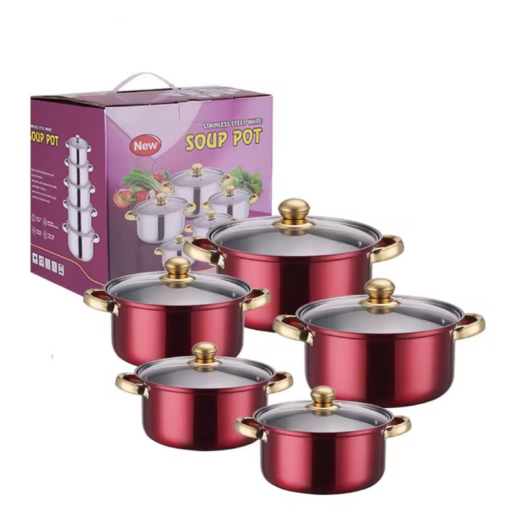 Wholesale 10pcs Stainless Steel Pots And Pans Gold handle Soup Pots Cooking Pots Milk casserole set Kitchen Cookware Sets