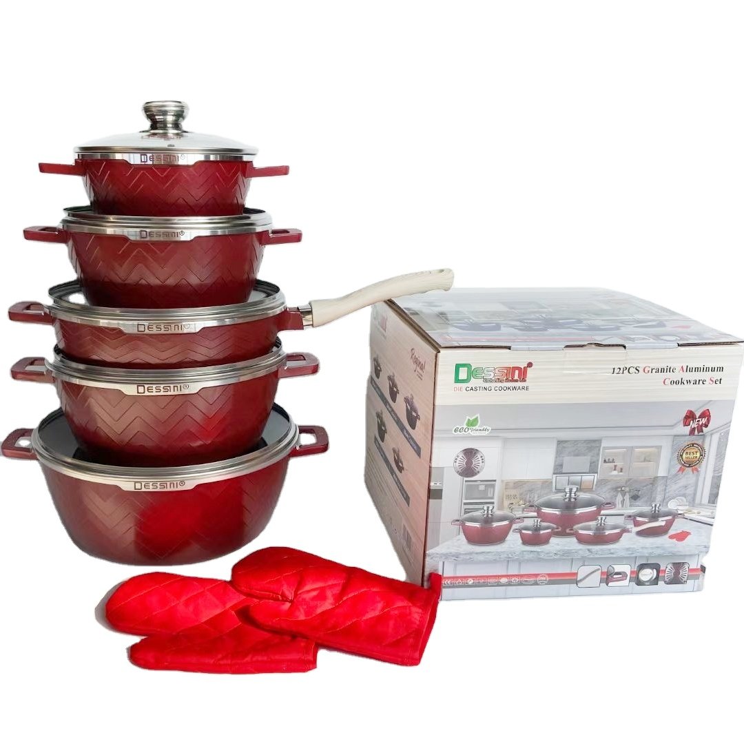 OEM Dessini 5pcs Die-Cast Aluminum Cookware Sets Non-Stick Classic Style Sauce Pot Tempered Glass Lid Spiral Bottom Custom Logo