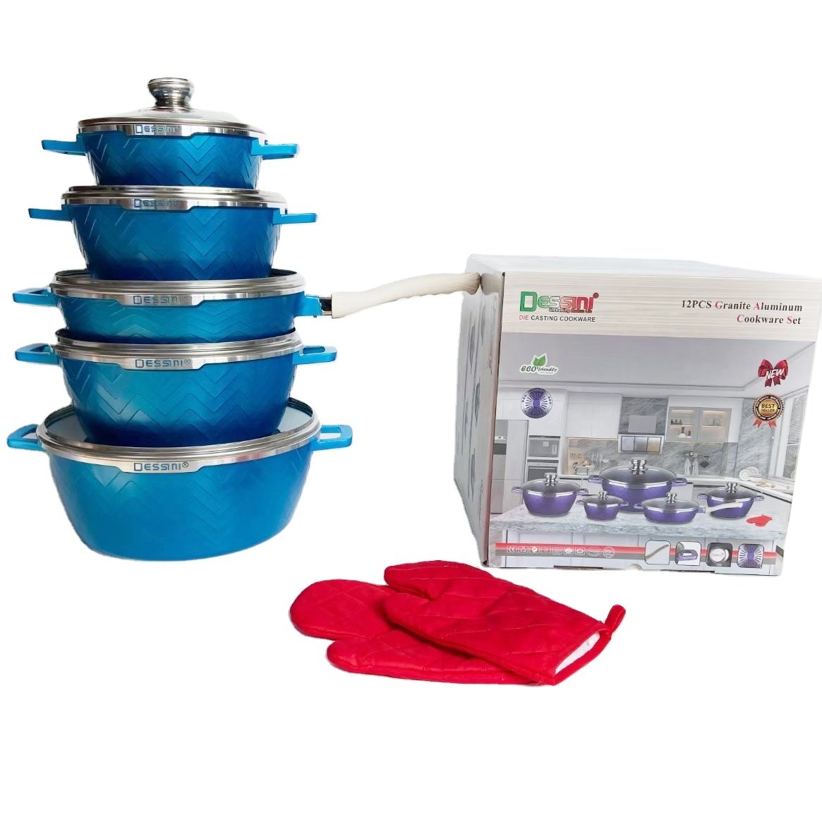 OEM Dessini 5pcs Die-Cast Aluminum Cookware Sets Non-Stick Classic Style Sauce Pot Tempered Glass Lid Spiral Bottom Custom Logo