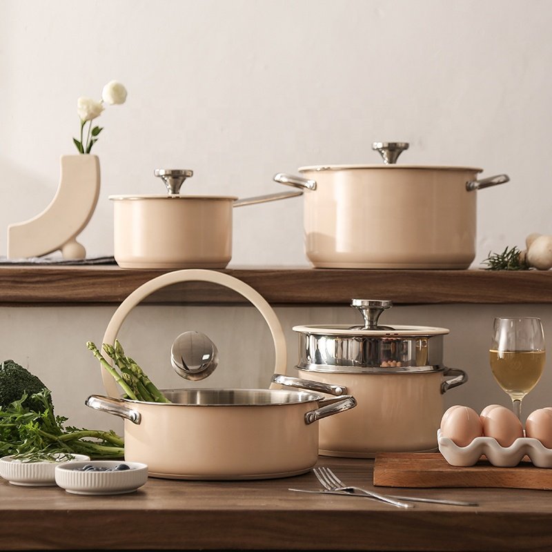 New Color Stainless Steel Pots and Pans 16Pcs Stainless Steel Cookware Set Cooking Soup Pot Set