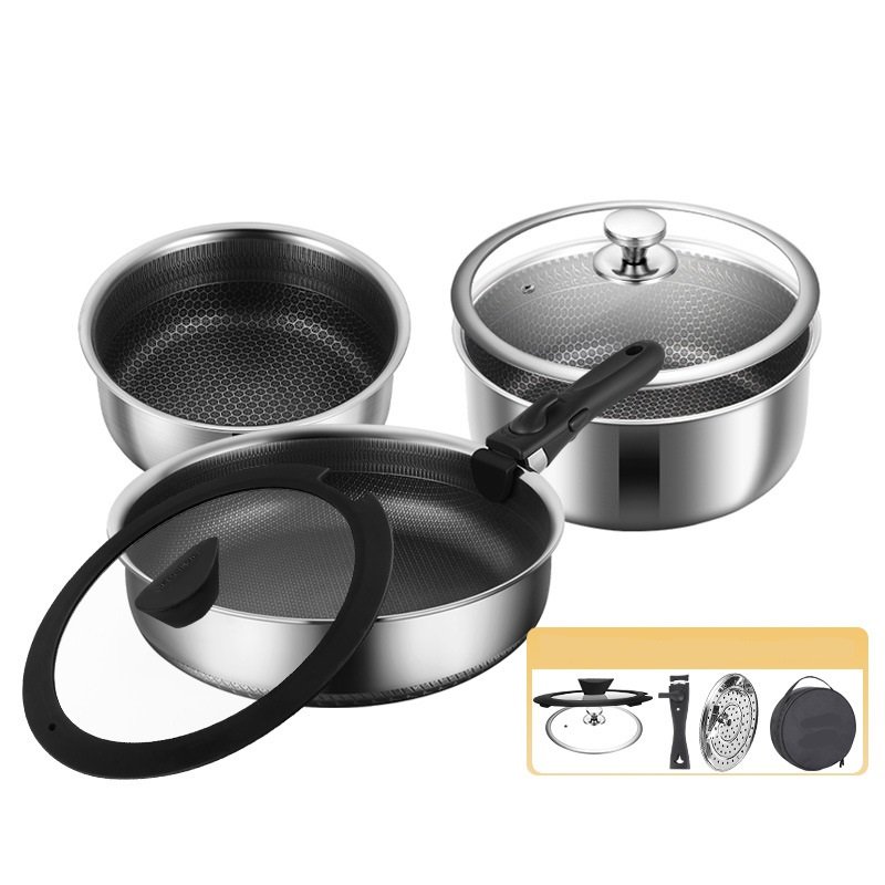 HexClad Hybrid Cookware Set w/ Lids 5 pcs Stainless Steel Cookware Sets Kitchenware 3-ply Stainless Steel Honeycomb