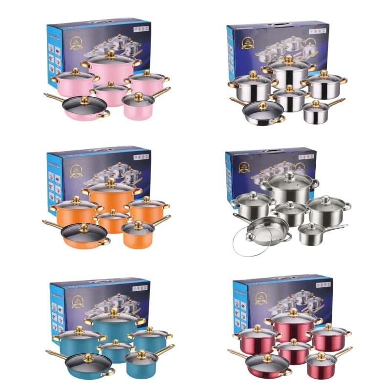 Colorful High Quality 12-Piece Stainless Steel sliver handle Cookware Set Sustainable Classic Kitchen Pots and Pans