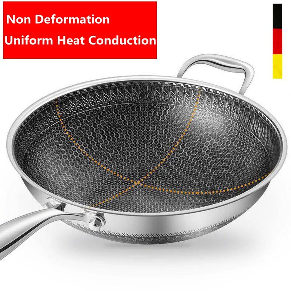 Tri-ply Honeycomb Saute Pan Cooking Wok 304 Stainless Steel Non Stick Wok