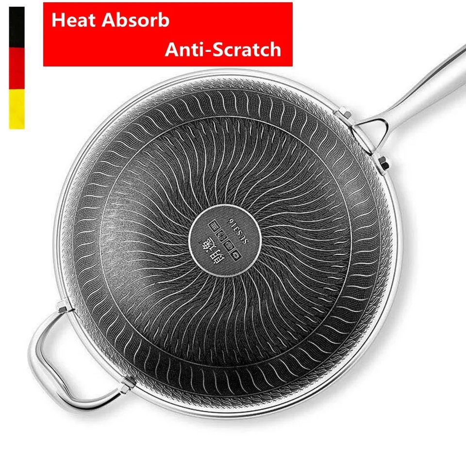 Tri-ply Honeycomb Saute Pan Cooking Wok 304 Stainless Steel Non Stick Wok