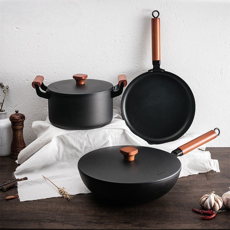 Cast Iron Cookware Set Wooden Handle 3-Piece Round Flat Frying Pan 10.3 Inch/Round Wok 11.8 Inch/Stew Pot 8.7 Inch