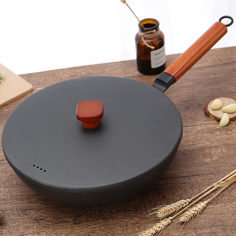 Cast Iron Cookware Set Wooden Handle 3-Piece Round Flat Frying Pan 10.3 Inch/Round Wok 11.8 Inch/Stew Pot 8.7 Inch