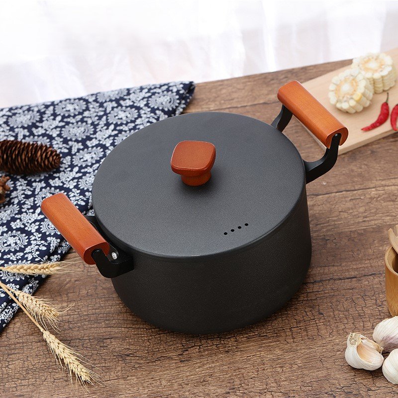 Cast Iron Cookware Set Wooden Handle 3-Piece Round Flat Frying Pan 10.3 Inch/Round Wok 11.8 Inch/Stew Pot 8.7 Inch