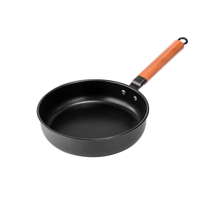 Cast Iron Cookware Set Wooden Handle 3-Piece Round Flat Frying Pan 10.3 Inch/Round Wok 11.8 Inch/Stew Pot 8.7 Inch
